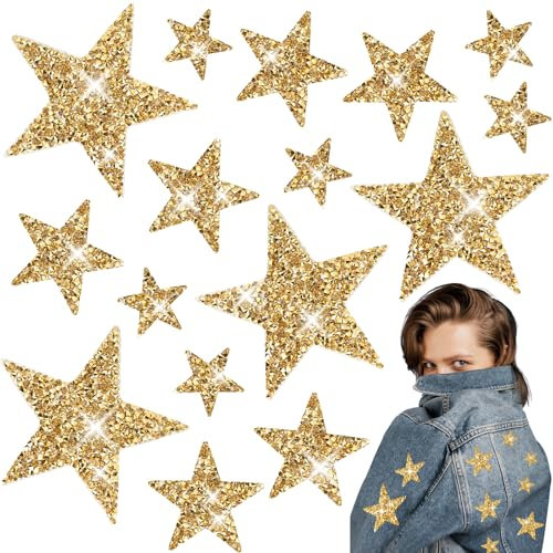 VZXQX 16 Stück Sterne zum Aufbügeln, Patches zum Aufbügeln Sterne Gold Glitzer Aufbügler mit Strass & Pailletten, Bügelflicken Goldene Glitzersterne für T-Shirts, Jeans, Hüte, Taschen, Kleidung