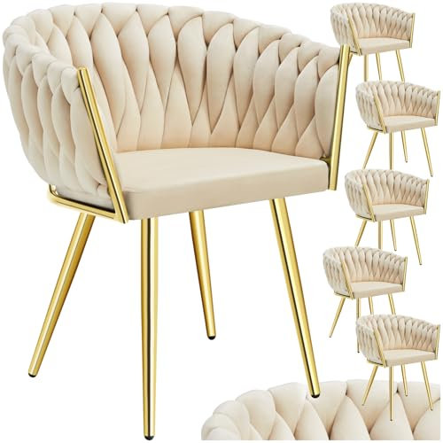 tectake® Samt Stuhl, Schalenstuhl mit Armlehne in Knoten Optik, Esszimmerstühle, Sessel modern für Wohnzimmer, Esszimmer, als Küchenstühle, für Schminktisch, Dining Chair Set - Sand/Gold, 6er Set