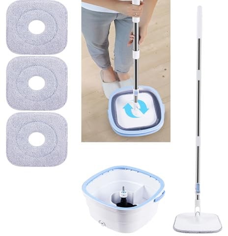 Spin Mop - 360° Spin Mop & Bucket Set for Effective Floor Cleaning, Auto Spin Mechanism, Telescopic Handle 108-133.5 cm, Includes 3 Microfibre Spin Mop Heads, Blue + White