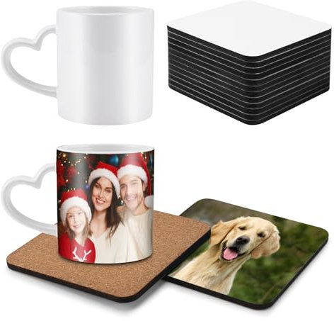 Yocdunm Tazas de sublimación, posavasos de sublimación en blanco, con parte trasera de corcho, 12 unidades, cuadrados, con respaldo de corcho de 11 onzas, tazas de café con mango grande y cajas a
