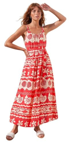 Roman Originals Strappy Shell Print Maxi Dress for Women UK - Ladies Everyday Holiday Spring Summer Round Neckline Comfy Soft Evening Vacation Work Party - Red - Size 16