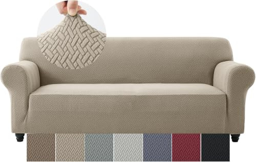 Moonlight Bedding Beige Sofa Cover 3 Seater Jacquard Spandex Non Slip Sofa Cover for Dogs Pets Cats High Stretch Living Room Furniture Sofa Protector