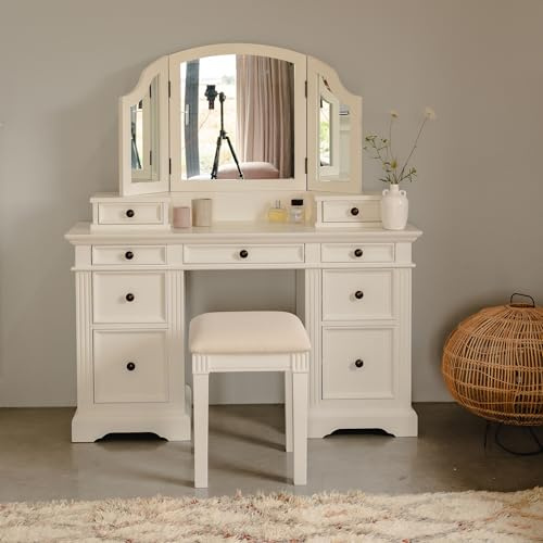 Gainsborough Dressing Table Set | White or Vintage Cream Dressing Table (W132.5 x H78cm D42.5cm), Extension Drawers and 3-Way Mirror | Choice of Metal or Crystal Handles (VINTAGE CREAM-MetalHandles)