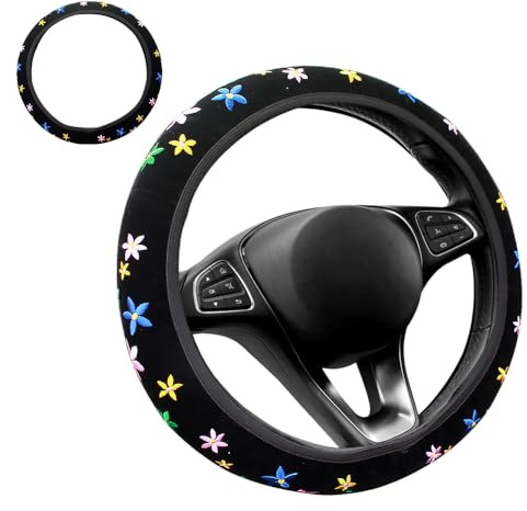 mizikuu Lenkradbezug Süss Blumen, Blumen Bestickte Lenkradabdeckung Universal Größe 37-38cm Niedlich Anti-Rutsch Schweißabsorber Auto-elastischer Lenkradschutz Autozubehör für die Meisten Autos