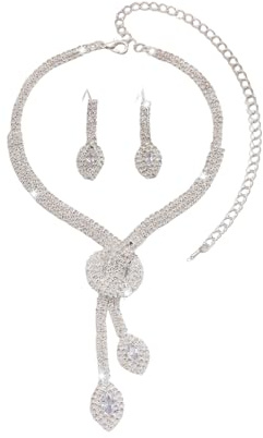 Vauki Ensemble de bijoux de mariée en argent pour femmes avec collier à strass et boucles d'oreilles, ensemble de bijoux de mariage étincelant à strass, colliers de costume pour femmes, ensembles de