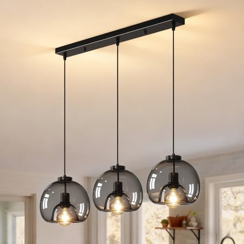 Pendelleuchte Esstisch 3 Flammig Glas Hängelampe Höhenverstellbar, Schwarz | Hängeleuchte aus Glaskugel Rauchgrau, Vintage Esstischlampe Hängend Esszimmerlampe Pendellampe für Küchen Esszimmer Hotel