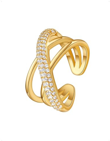 KONFEN Öffnungsring Damen 18k Gold Plated Verstellbarer, Glänzend Zirkonia Ring in Minimalistische Linien Design Metallischer Valentinstag Hochzeit Schmuck geschenk luxus modischer, Gold