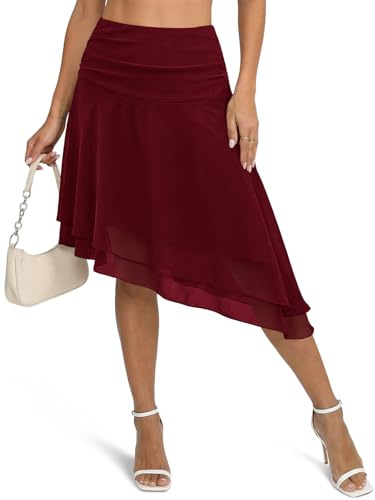 Wenrine Damen Tüllrock Midi Rock Mesh Asymmetrisch Knielang Rüschen Rock Plissee Gestufter Hohe Taille Minirock