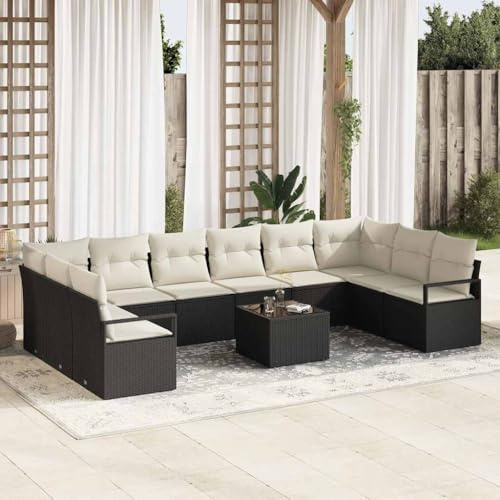 QUAHEAS Sofa Set mit Kissen 11-TLG. Schwarz Poly-Rattan, modular, höhenverstellbarer Tisch, UV-beständig, Gartenmöbel-Set
