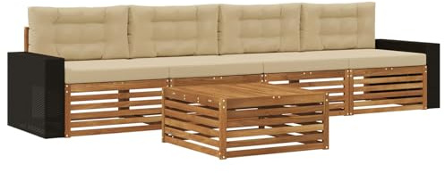 vidaXL Outdoor-Sofagarnitur 5 pcs Natur und Beige Massivholz Akazie, Gartenmöbel, Moderne Sitzgruppe, L-förmiges Sofa für Terrasse, relaxen im Lounge-Stil