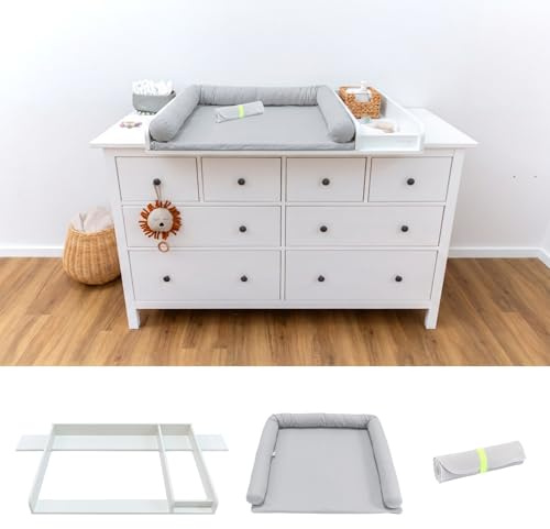 LIMMALAND Wickelaufsatz-Set + wasserundurchlässige Unterlage HEMNES 160cm | Aufsatz mit Trennfach, Auflage aus 100% Baumwolle · waschbar bei 60°C · inkl. Baumwoll-Schlange als Stoßschutz · Soft Grey