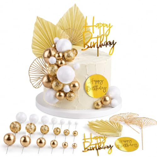 29-Piece Gold Cake Decorations Set with Gold Cake Balls & Toppers | Boho Palm Leaves, Mini Balloon Cupcake Insert for Birthday, Wedding, Anniversary & Party, Home & Professional Baking