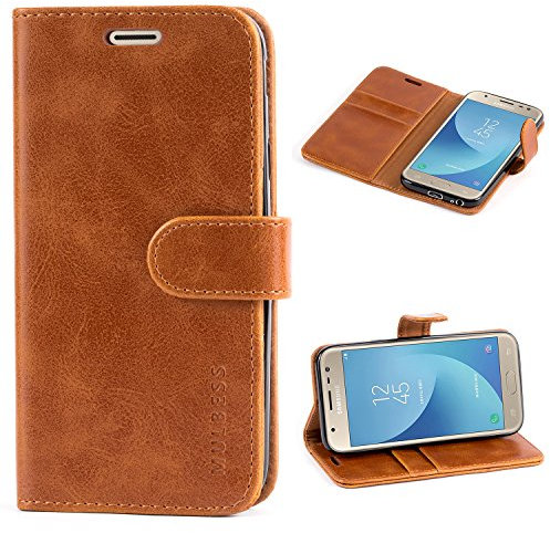 Mulbess Handytasche für Samsung Galaxy J3 / J3 Duos 2017 Hülle, Ledertasche mit Bookstyle, Standfunktion, Kartenfächern Handyhülle, Vintage Cognac Braun