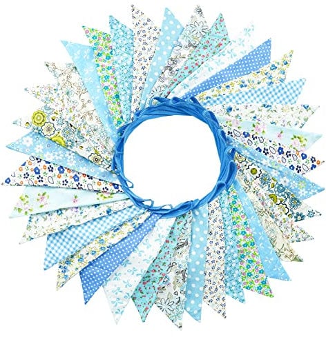 G2PLUS Süße Beidseitig Wimpel Girlande, 10M Bunting Wimpelkette Stoff, Blau Stoffgirlande mit 36 STK Farbenfroh Wimpeln für Hochzeits Geburtstag Party