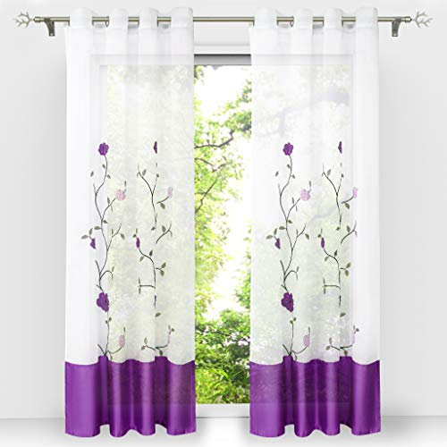 HongYa 1 Stück Voile Gardine Schal mit Ösen Transparenter Vorhang Bestickter Ösenschal H/B 245/140 cm Violett