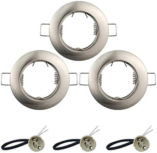 KingYH 3 Pack Round Recessed Spotlights Downlight Bezel Trim Ring Fitting GU10 Light Mounting Frame with GU10 Lamp Holder for Ceiling Spotlight MR16 and 50mm Bulb Halogen Light Fitting Silver