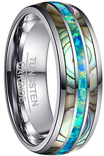 NUNCAD Herren Ring mit Opal Grün und Abalone Muschel Damen Ringe aus Wolfram Silber 8mm als Hochzeitstag Ring Verlobungsring Lifestyle Ring Größe 65.0 (20.7)