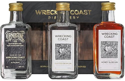 Wrecking Coast Mini Gin Gift Set - A Mix Of 3 x 5cl Mini Gin Bottles Selected From Clotted Cream Gin, Honey Sloe Gin, Kea Plum Rum or Cornerstone Cornish Gin. Craft Cornish Gin Taster Set