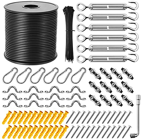 Keeimp String Light Hanging Kit,164 Ft Nylon Coated Stainless Steel 304 Wire Rope, String Lights Suspension Kit,Outdoor Light Hanging Kit