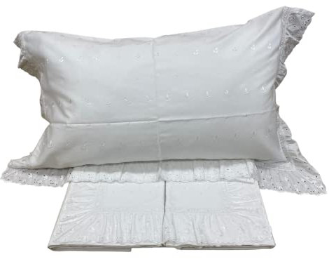 Raffiniertes Bettwäsche-Set für Doppelbett aus reinem Baumwollsatin mit edler Spitze San Ghallo Schweiz aufgebracht und bestickt (Weiß Art.23)