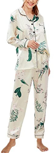 Onsoyours Ensemble de Pyjama Femme 2 Pièces Pyjama en Satiné De Soie avec Poche Manche Longue Classique Vêtements de Nuit A Fleur M