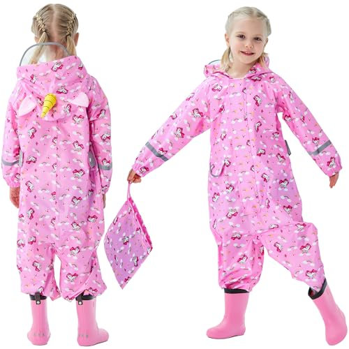 FILOWA Kids Puddle Suit Girls Waterproof Suit All in One Rainsuit Children Hooded Raincoat Lightweight Portable Rainwear and Easy to Dry Muddy Suit for Childs 3-5 Years,Pink