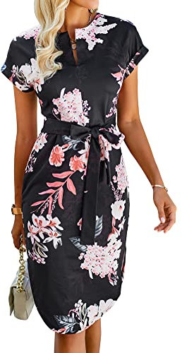Ajpguot Sommerkleid Damen Elegant Kleider Kurzarm V-Ausschnitt Strandkleid Blumen Knielang Kleid mit Gürtel Partykleid Abendkleid (Schwarz-rot, M)
