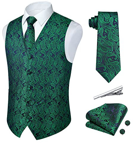 Rithern Herren Anzug Westen Grün Paisley Westen Krawatten und Einstecktuch Set Seide Hochzeit Weste Business Anzug Weste S