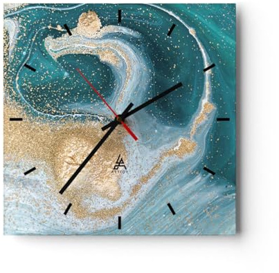 Modern Wanduhr Golden Türkis Hintergrund 40x40cm Quadrat Groß Wand Uhr Glas Analog Zimmeruhren Küche Büro Wohnzimmer Glasuhr Wall Clock Dekoration Design Wanddekoration Küchenuhr C3AC40x40-4969