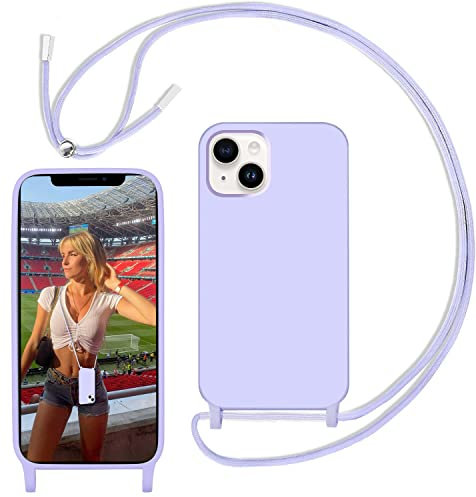 Yojiong Coque pour iPhone 14 (6.1) avec Cordon, Silicone Liquide Coque avec Collier Réglable - Tour de Cou Lanière en Corde, Antichoc Étui avec Cordage, Violet Clair