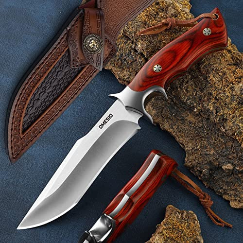 Omesio Coltello da sopravvivenza Coltello da caccia a lama fissa con guaina Grande manico in legno Coltello da esterno in acciaio monopezzo Ideale per il campeggio e la vita all'aria aperta