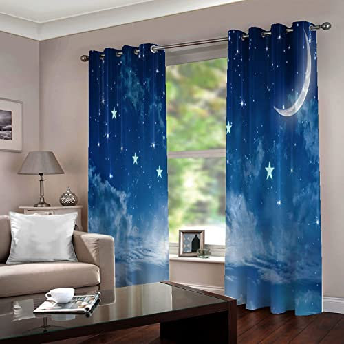 BOVZOX Fenster Vorhang Schlaufen-Vorhang 2 Stück x 117 B x 138cm H Blau & Mond & Sterne Dekorative Gardine Schlaufenschal Fenster-Schal