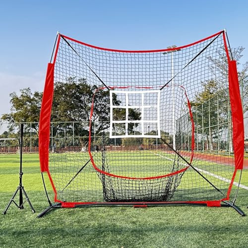 Qswrd Baseball-Schlagnetz, tragbar, 2,1 x 2,1 m, Softball-Übungsnetz, strukturierbar, faltbar, Pitching-Netz-Systeme mit Schlagzone, Schlagtee, Bogenrahmen und Tragetasche, Geschicklichkeitsstufen,