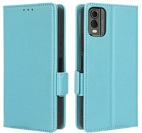 GOKEN Leder Folio Hülle für Nokia C32, Flip Handyhülle mit Kartenfächer & Geldbeutel -Hellblau