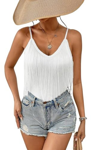 Damen Tank Top Mit Fransen – Sexy Spaghetti Cami Oberteile Elegant Boho Kleidung V Ausschnitt Konzert Outfit Rave Shirts Ärmellose Shirt Sommer Unterhemd Clothes(White,L,10742r)