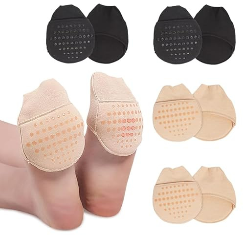 4 Paar Ballenpolster Vorfuß,Fusspolster Pads,Rutschfeste Vorfußsocken Silikon Dot,Mittelfußpolster Metatarsal Pad, Vorfußpolster,Ballenpolster High Heels Unsichtbarer und Komfort (Black & Skin Color)