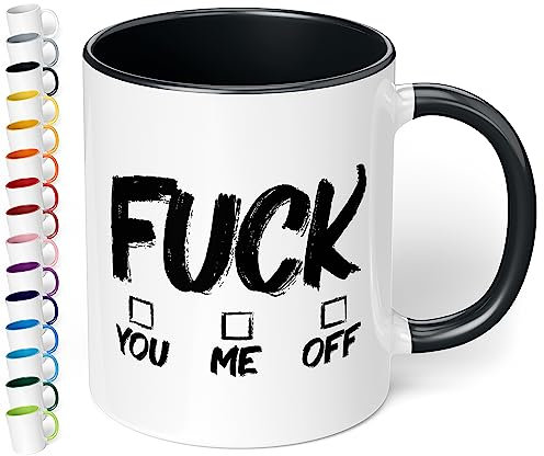 Lustige Bürotasse „Fuck you me off“ - 330ml Keramik Kaffeebecher mit Spruch - Statement Kaffeebecher, Geschenke für Kollegen Büro Arbeit Geburtstag Weihnachten (Schwarz)