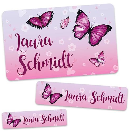 GRAVURZEILE Schuletiketten - Schmetterling - Personalisiert mit Namen - 100 Aufkleber in 3 Größen für das Beschriften von Schulsachen Hefte Bücher - Geschenk zum Schulanfang zur Einschulung