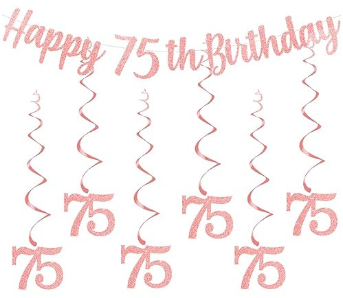 bng-bng 75th Birthday Party Decorations Rose Gold with Happy 75th Birthday Bunting Banner Hanging Swirls Streamers for Women Lady 75 Anniversary Party Decor Supplies
