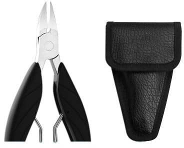 INF Pedikürezange für eingewachsene Nägel mit dreieckigem Lederetui, Nägel kürzen, abgestorbene Haut entfernen, Schwarz/ Silber