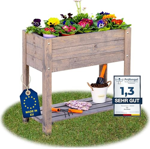 ITA Hochbeet aus Holz 80x37x78 cm - Pflanzkasten mit Ablageboden & Innenfolie - Made in EU - Direkt vom Hersteller - FSC Kiefernholz - Pflanzbeet Blumenkasten für Garten Balkon Terrasse - Grau