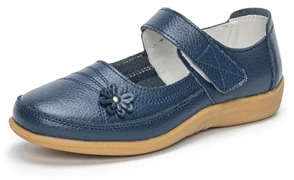 Rusffes Womens Leather Mary Jane Shoes Ladies Wide Fit Flat Shoes Casual Work Office Nurse Shoes Navy 5uk