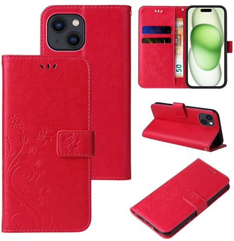 LBH Handy Hülle für Apple iPhone 15 Case Handytasche Schmetterling Blumen Flower Standfunktion Schutzhülle Magnet Rundum Schutz 360 Grad Flipcase Cover Rot