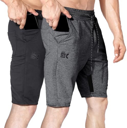 BROKIG 2er Pack Gym Shorts Herren Baumwolle Fitness Sport Shorts Herren Kurze Hose mit Taschen (Schwarz-dunkelgrau,M)
