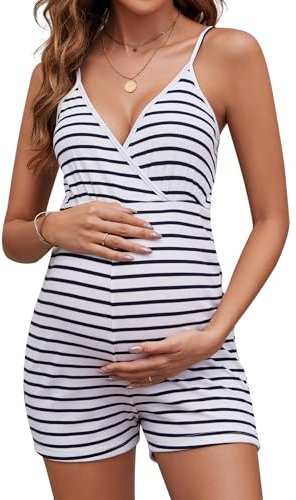 Brynmama Combinaison de Maternité d'Été sans Manches Côtelée à Bretelles Spaghetti Vêtements Décontractés pour Femmes Enceintes Rayure Marine, L