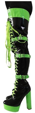 WILDKATZEN Damen Schnürstiefel Plateau Overknee Boots Blockabsatz Lack Zweifarbig