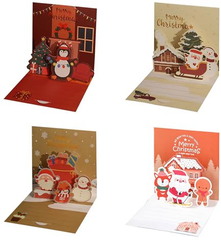 Yeliuxi 4 Stücks Weihnachtskarten 3D Lustig Pop Up,3D Pop Up Karte Weihnachten,Weihnachtskarten mit Umschlag Set,Neujahrskarten für Weihnachten Kinder Geschenk,Weihnachtskarten