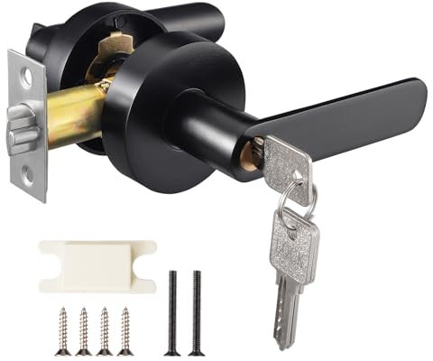 Coolty Manija de puerta con cerradura y llave, juego de manijas de puerta de entrada, manija de puerta exterior, cerradura frontal para dormitorio, baño, oficina, lugar de trabajo (negro)