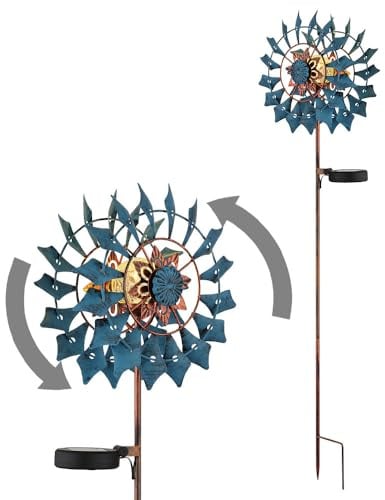Gartendeko Windrad LED Solarleuchte Terrassenlampe Außenlampe Erdspieß, Metall gold blau antik, Bruchglas, warmweiß, LxH 22,5 x 92 cm
