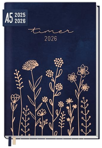 Häfft® Chäff-Timer 2025/2026 A5 Fine Flowers blue Kalender für 18 Monate: Juli 2025 bis Dez. 2026 - nachhaltig & klimafreundlich